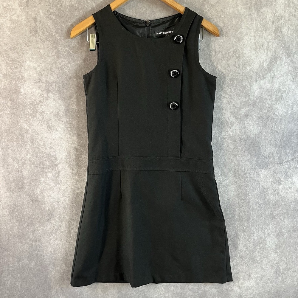 Mary Quant London Dress Women Small Black Mod Asymmetrical Button Shift Designer
